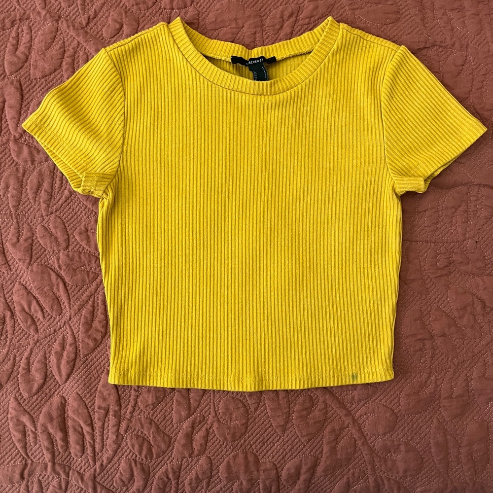Forever 21 Yellow Ribbed Crop T-Shirt
